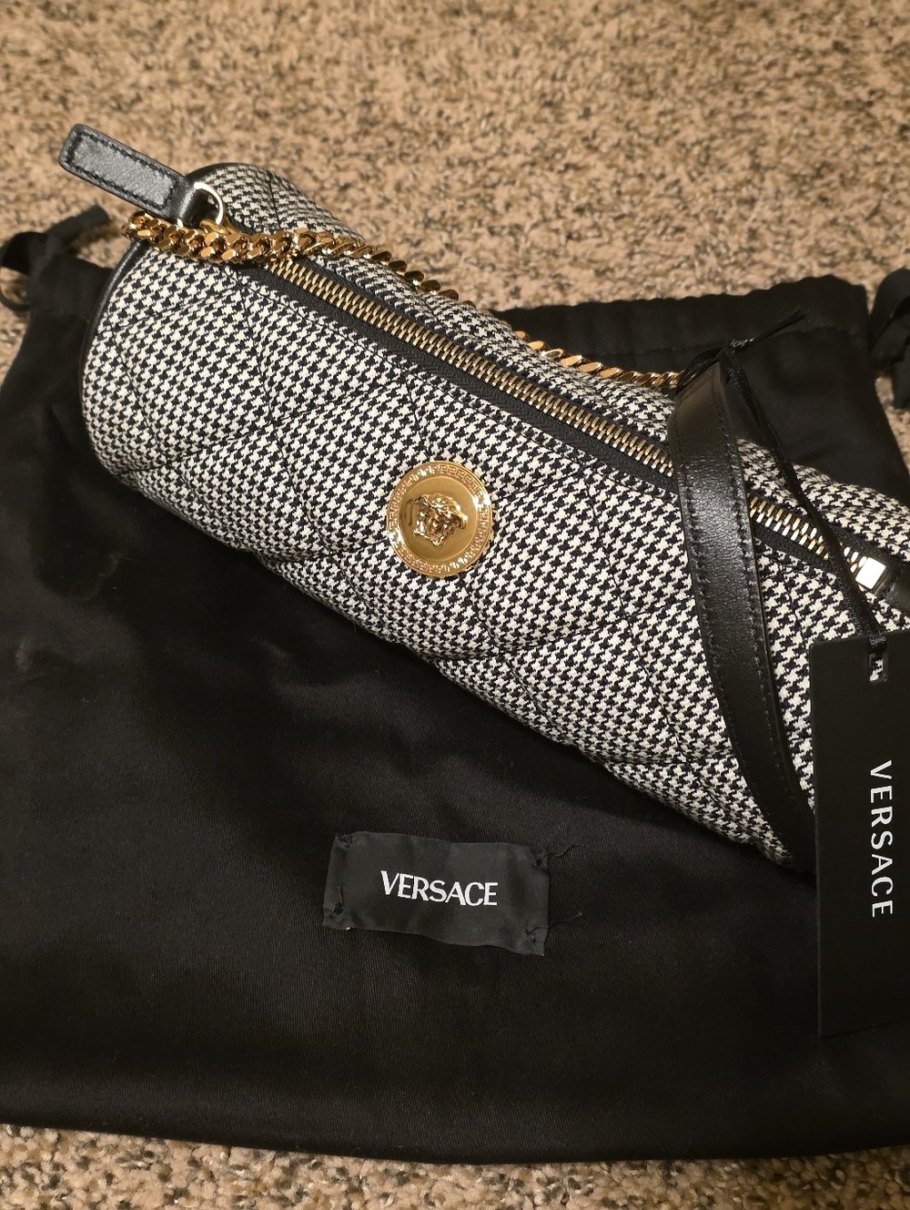 Versace Medusa Black and White Quilted Houndstooth Cylinder Crossbody | NWT